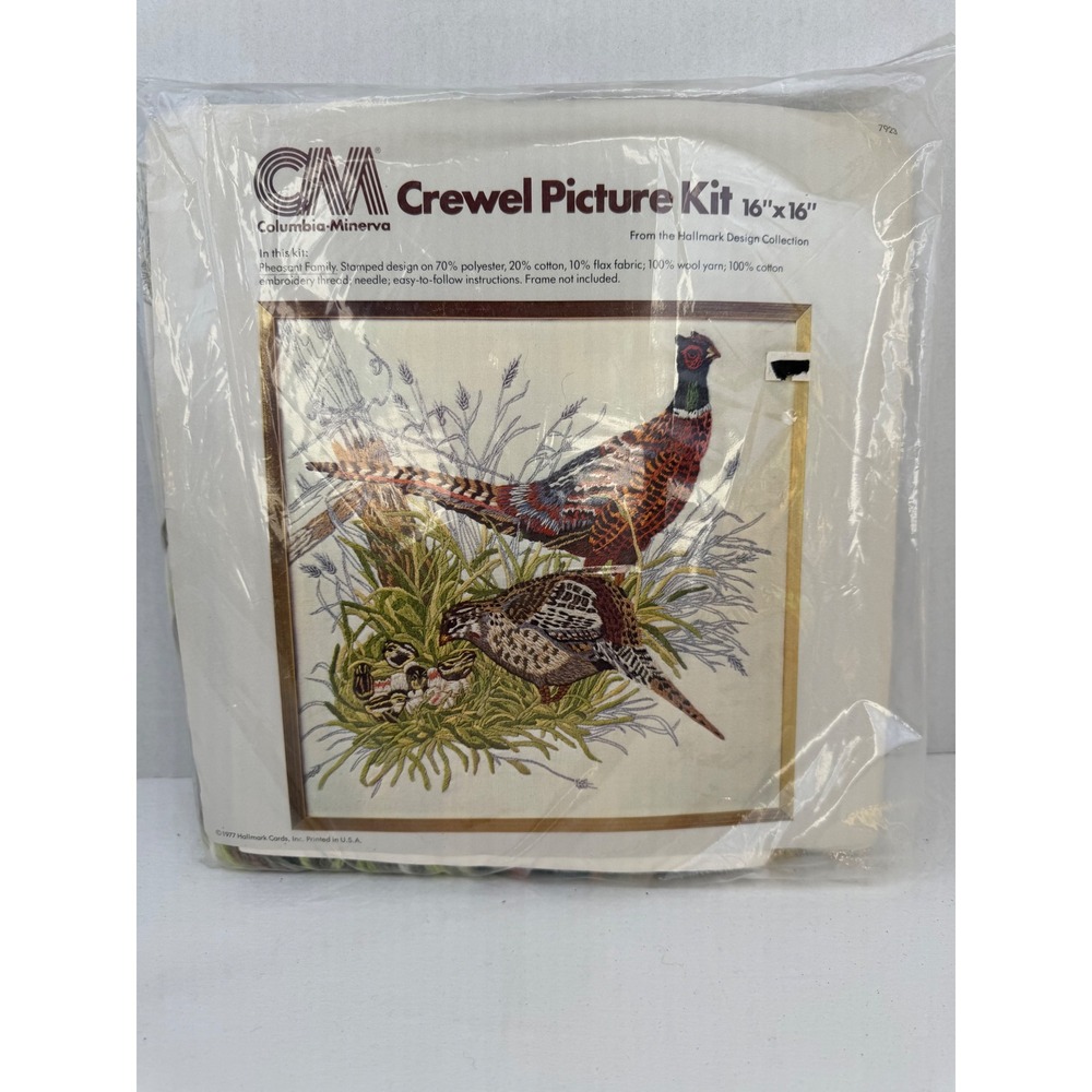 Vintage 1977 Columbia-Minerva Crewel Picture Kit Pheasant Family 16x16‎ 7923